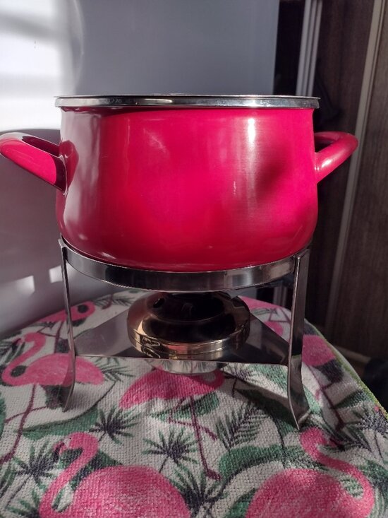 Source Unknown Other - Vintage Red Enameled Fondue Pot with Stainless Steel Base with No Forks